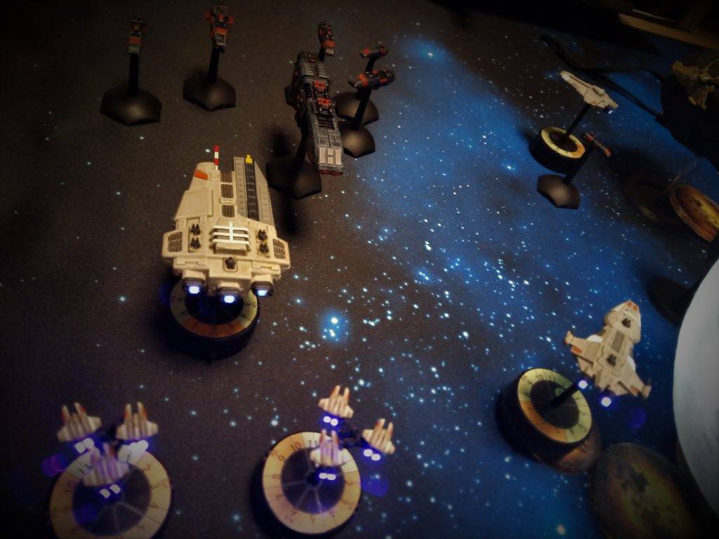 The final showdown between the LED powered Star Alliance and the Black Fleet in this battle of Full Thrust.
