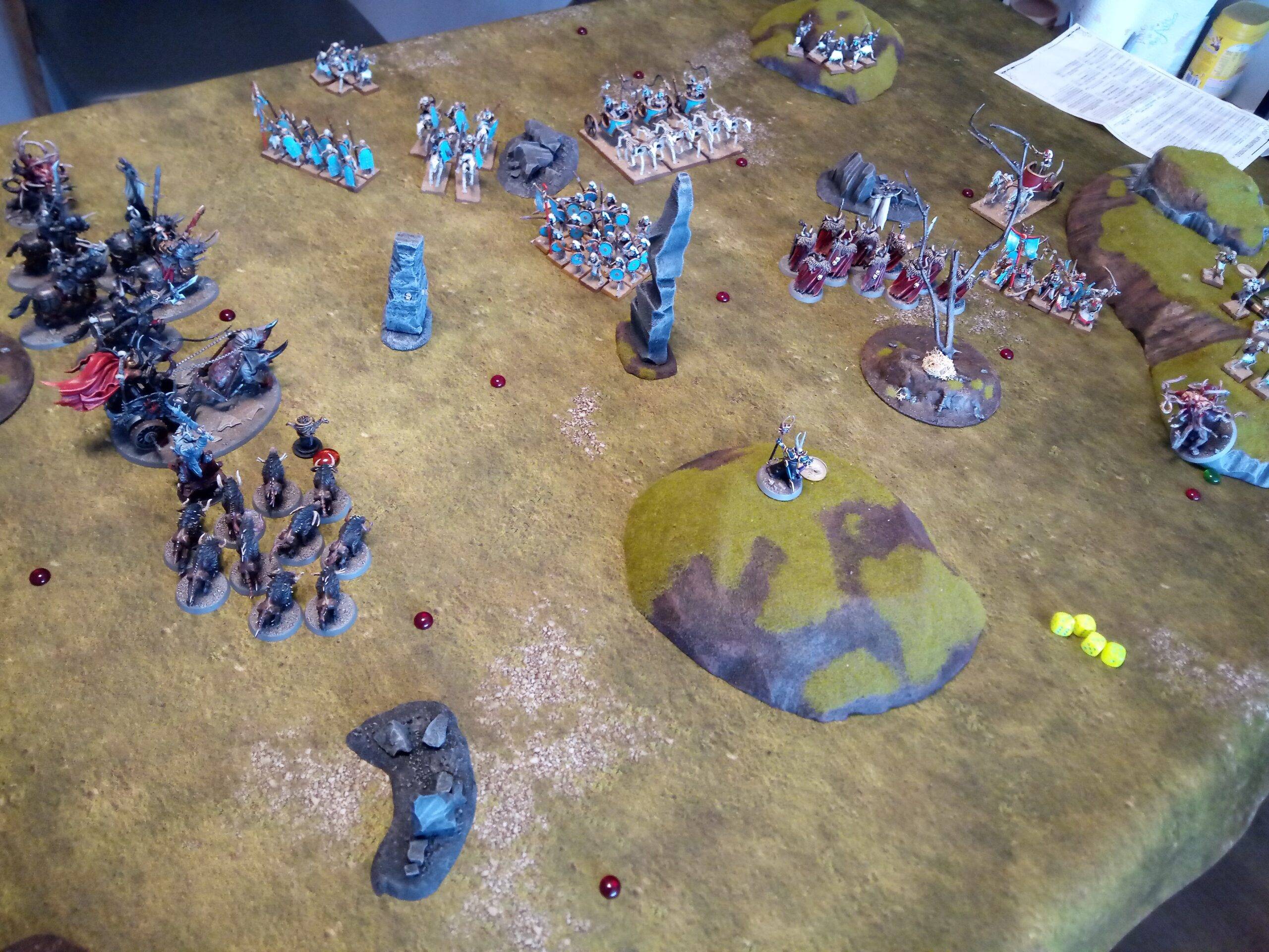 A 2000 points game of One Page Rules Age of Fantasy set up. Havoc Warriors against Mummified Undead.